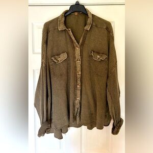 FREE PEOPLE Camo green waffle oversized button down